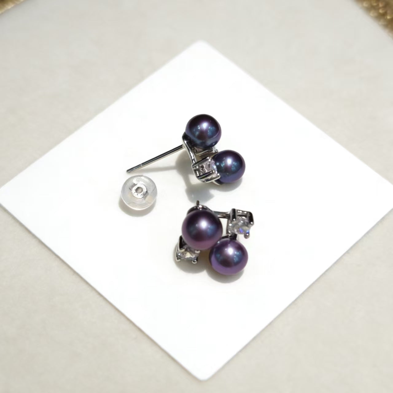 E01- S925 Sterling Silver Deep Demon Purple Pearl Studs 4 Freshwater Pearls Earrings with Bling Zircon Diamond Decoration Star Studs Gifts for Mom Wife Mothers Day/Wedding