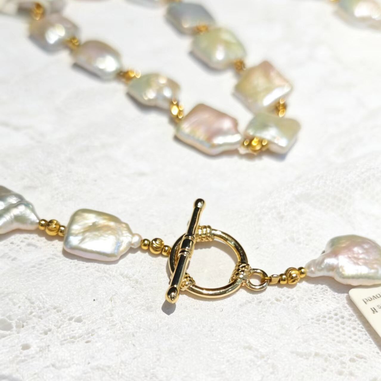 Set04-U R MY SUGER Pearl Jewelry Set Baroque Square Shape Freshwater Pearls Necklace with Gold Plated OT Clasp and Stretchy Bracelet Set Pearls with Flora Cluster