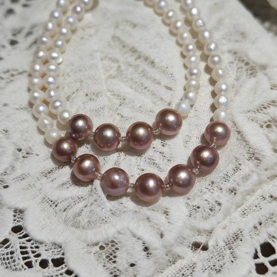 Set02-Romantic Natural Freshwater Purple Edison and White Baby Pearls Set Necklace and Bracelet Luminous & Full Gloss Refined Gradient Size Design Gift-Worthy Jewelry Set