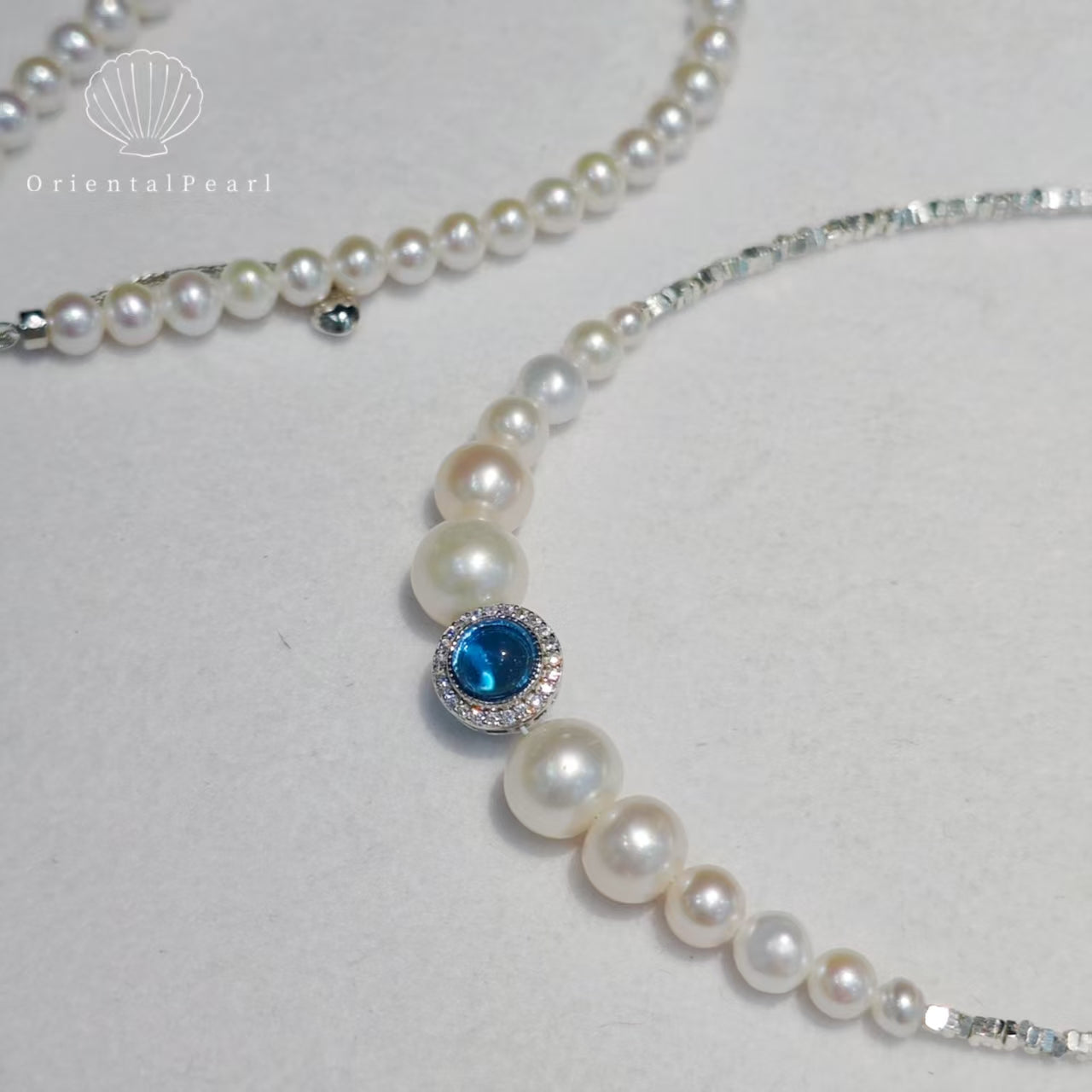 Set07-Natural White Freshwater Pearl Set with S925 Accessory Clasp and Blue Stone Gradient Size Necklace and Bracelet