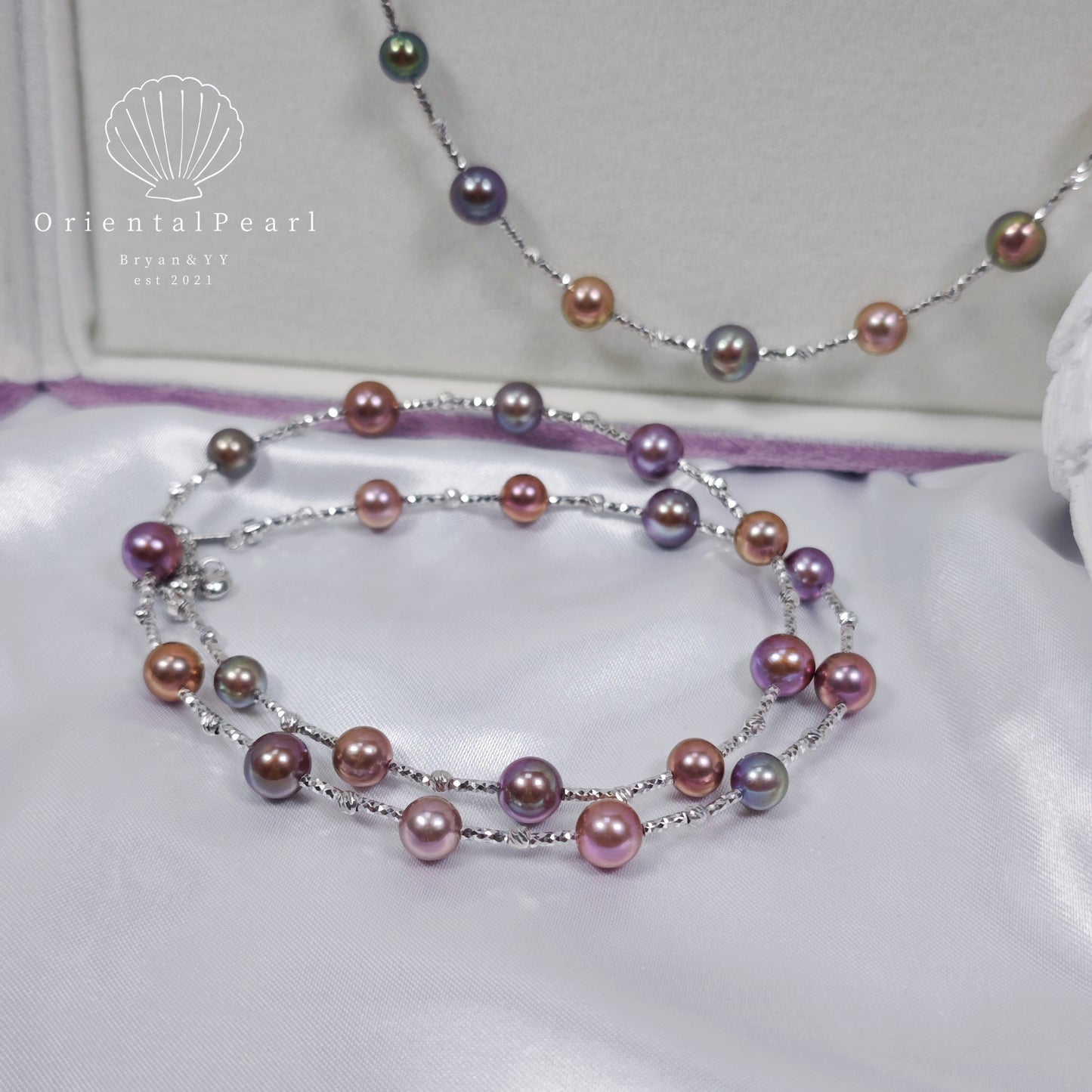 NC21-Metallic luster Multicolor Round Pearl Necklace Deep Purple Starry Design Pearls Necklace S925 Sterling Silver Material Purple Green Deep Blue Gold Luster Pearls Necklace