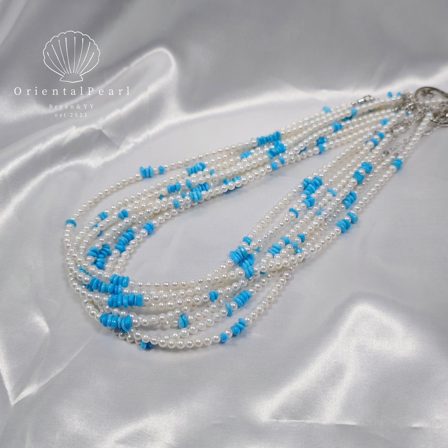 NC22-White Baby Pearls Necklace with Turquoise Blue Color Stone Design S925 Sterling Silver Clasp with Extender Adjustable Length Natural Pearls Necklace Small Baby Round Pearls Necklace Versatile Necklace for Holiday