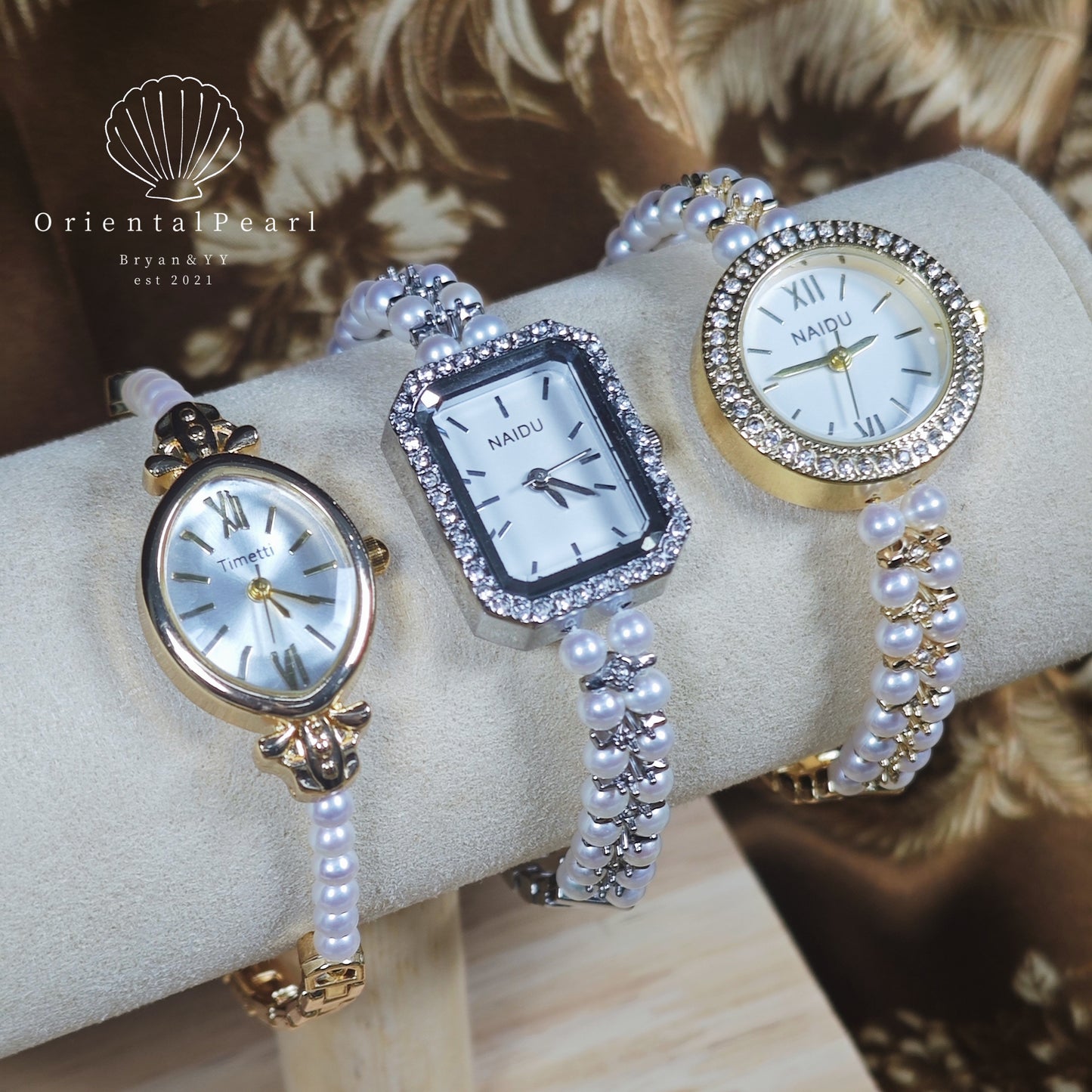 OP-Pearl Watch Women's Natural Pearl Watch with Freshwater Pearls Silver or Gold Color Rhinestone Luxury Fashion Elegant Wrist Band Jewelry Gifts Lady