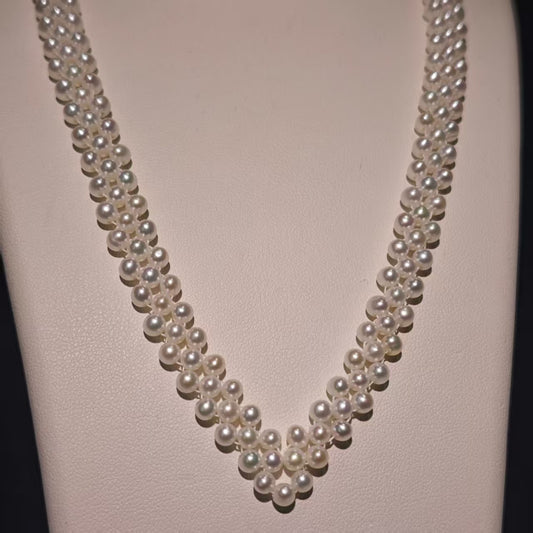 NC07-Handmade Knitted Cream White Seedless Pearls Costume Necklace Multi strand Round and Rice Shape Pearls Party Cluster Layers Jewelry Statement Layered Pearl Chain Adjustable Pearl Necklace