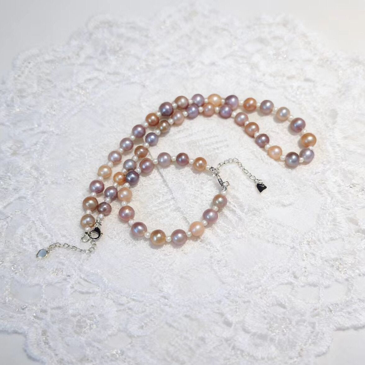 Set05-Candy Edison Freshwater Pearls Necklace and Bracelet Sterling Silver Setting Round Champagne Purple Pink White Pearls Necklace gift for girlfriend Wife Birthday