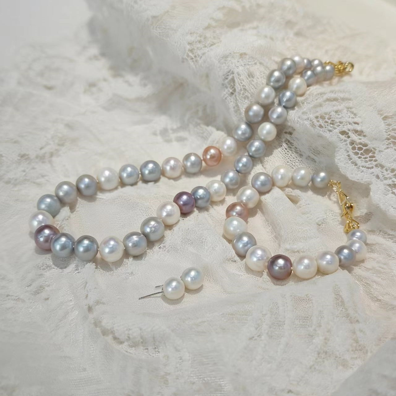 Set03-Multi-Color Edison Freshwater Pearl Jewelry Set Silver-Blue Candy Color Necklace Bracelet Earrings Affordable with Gift Box Pastel Edison Freshwater Pearl Set