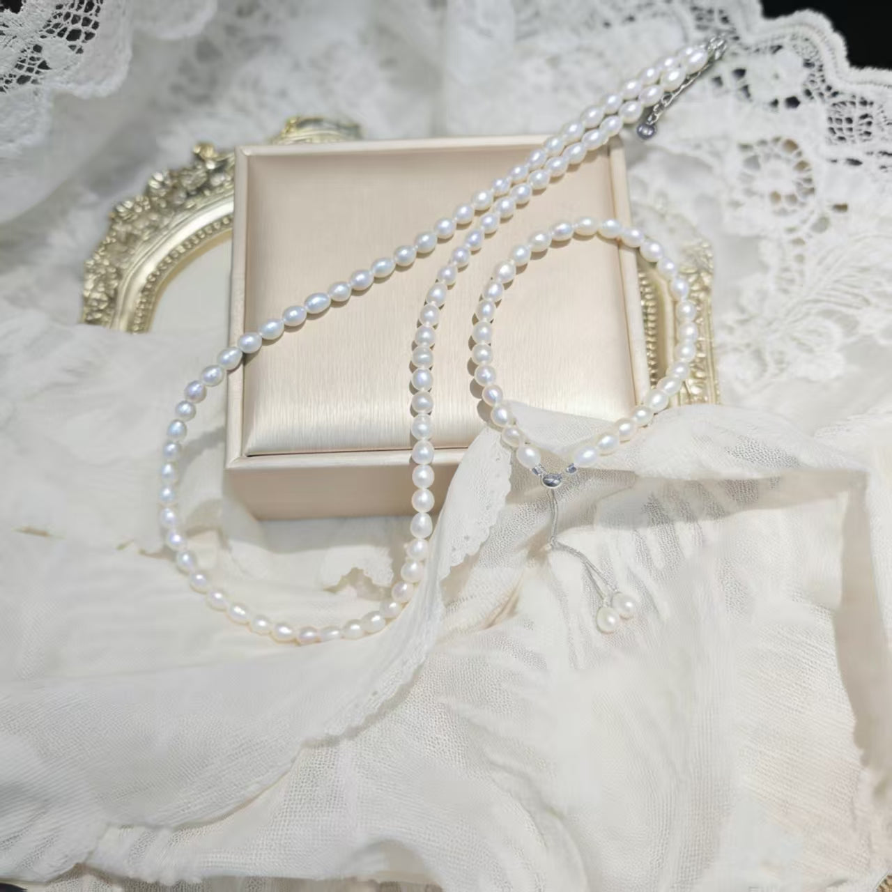 Set01-White Moonlight Freshwater Rice Pearl Necklace and Bracelet S925 Sterling Silver Setting Set Cloud Fluff Natural Minimalist Office Ready Understated Workwear Style Pearl Set