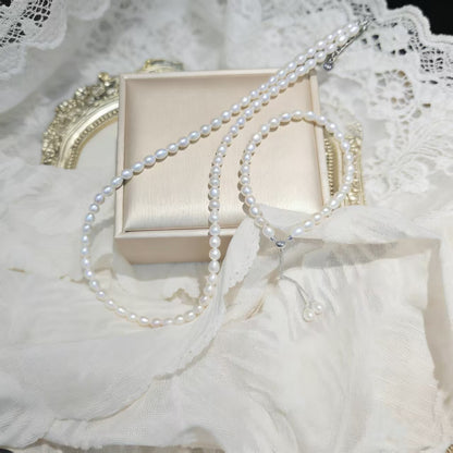 Set01-White Moonlight Freshwater Rice Pearl Necklace and Bracelet S925 Sterling Silver Setting Set Cloud Fluff Natural Minimalist Office Ready Understated Workwear Style Pearl Set
