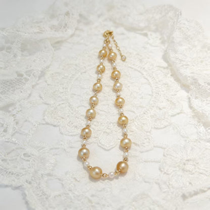 NC06-Saltwater Gold Pearl South-sea Gold Necklace with S925 Sterling Silver Adjustable Chain Seawater Golden Pearl SSG necklace for Mom Wife Luxury Jewelry Gift for Anniversary Valentine's Day