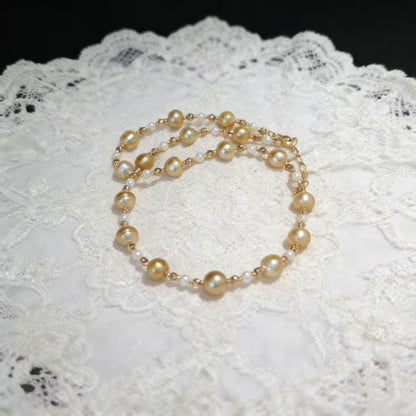 NC06-Saltwater Gold Pearl South-sea Gold Necklace with S925 Sterling Silver Adjustable Chain Seawater Golden Pearl SSG necklace for Mom Wife Luxury Jewelry Gift for Anniversary Valentine's Day