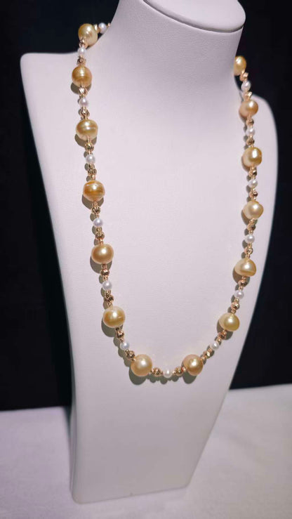NC06-Saltwater Gold Pearl South-sea Gold Necklace with S925 Sterling Silver Adjustable Chain Seawater Golden Pearl SSG necklace for Mom Wife Luxury Jewelry Gift for Anniversary Valentine's Day