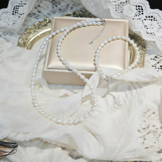 Set01-White Moonlight Freshwater Rice Pearl Necklace and Bracelet S925 Sterling Silver Setting Set Cloud Fluff Natural Minimalist Office Ready Understated Workwear Style Pearl Set