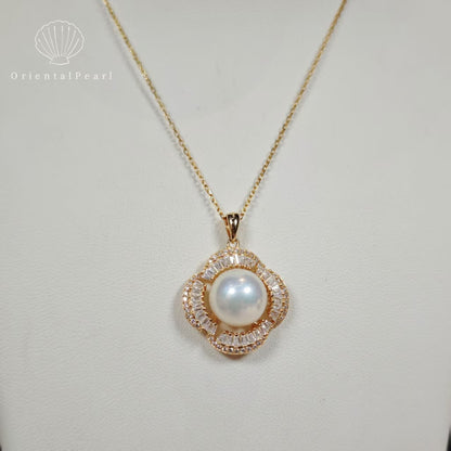 NC10-10mm-11mm Aurora Edison Pendant Freshwater Pearl Necklace with S925 Chain in Gold Sparkle Zircon Decoration Flower Shape Design S925 Accessory in Gold Natural Strong Luster Pearl Necklace