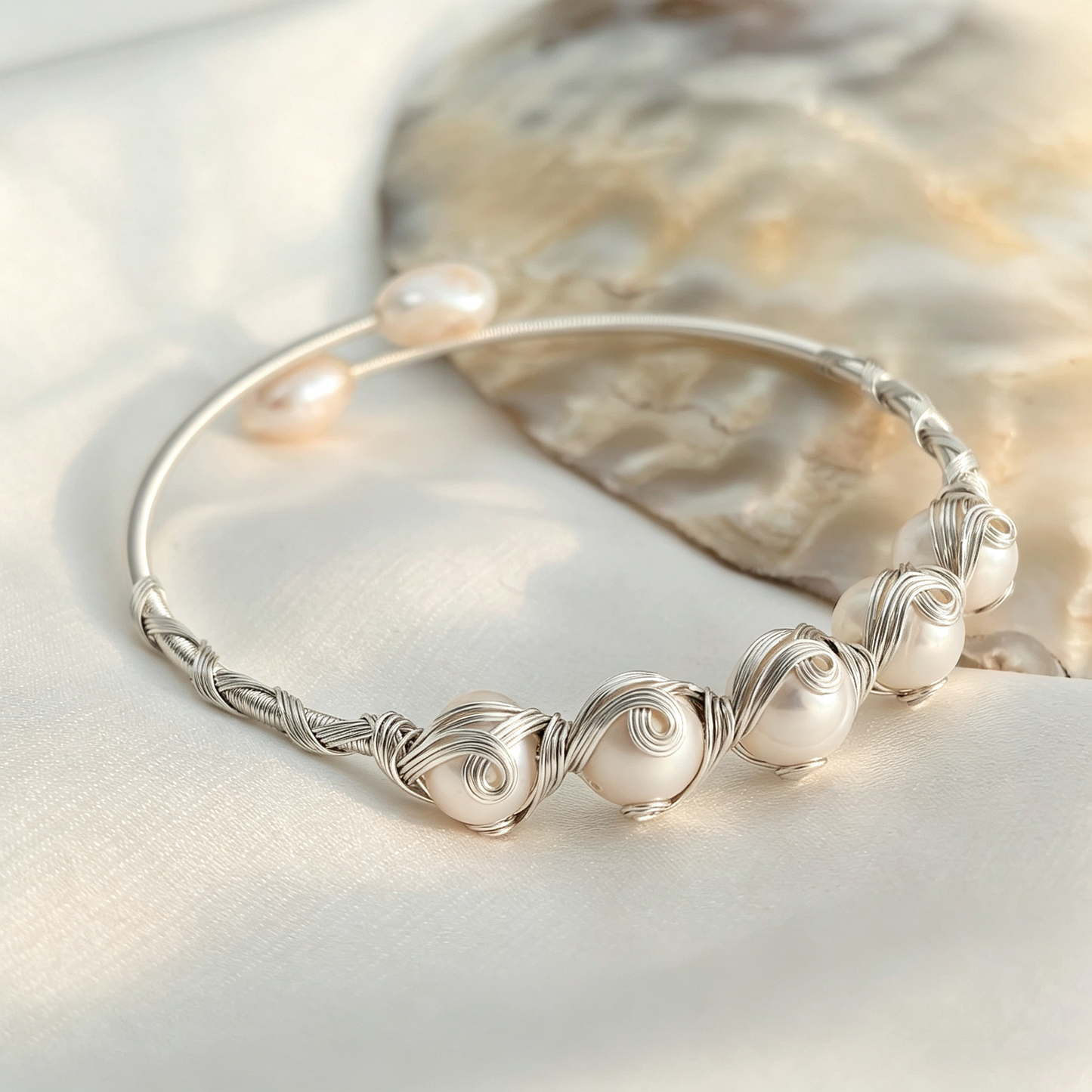 Handmade Wire Wrapped Freshwater Pearl Open Cuff Bracelet,Multiple Pearl Color Options