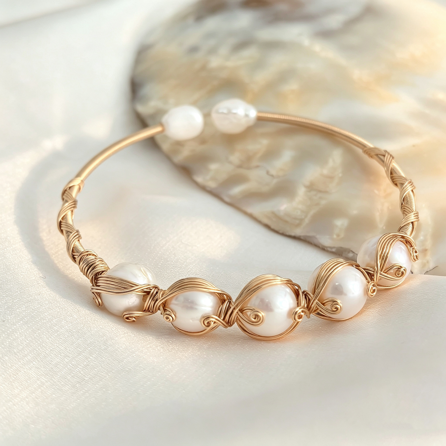 Handmade Wire Wrapped Freshwater Pearl Open Cuff Bracelet,Multiple Pearl Color Options
