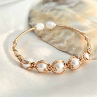 Handmade Wire Wrapped Freshwater Pearl Open Cuff Bracelet,Multiple Pearl Color Options