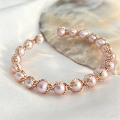 Handmade Wire Wrapped Freshwater Pearl Open Cuff Bracelet,Multiple Pearl Color Options