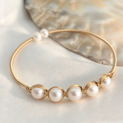 Handmade Wire Wrapped Freshwater Pearl Open Cuff Bracelet,Multiple Pearl Color Options