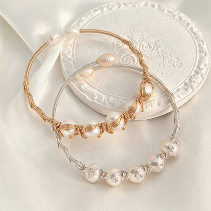 Handmade Wire Wrapped Freshwater Pearl Open Cuff Bracelet,Multiple Pearl Color Options