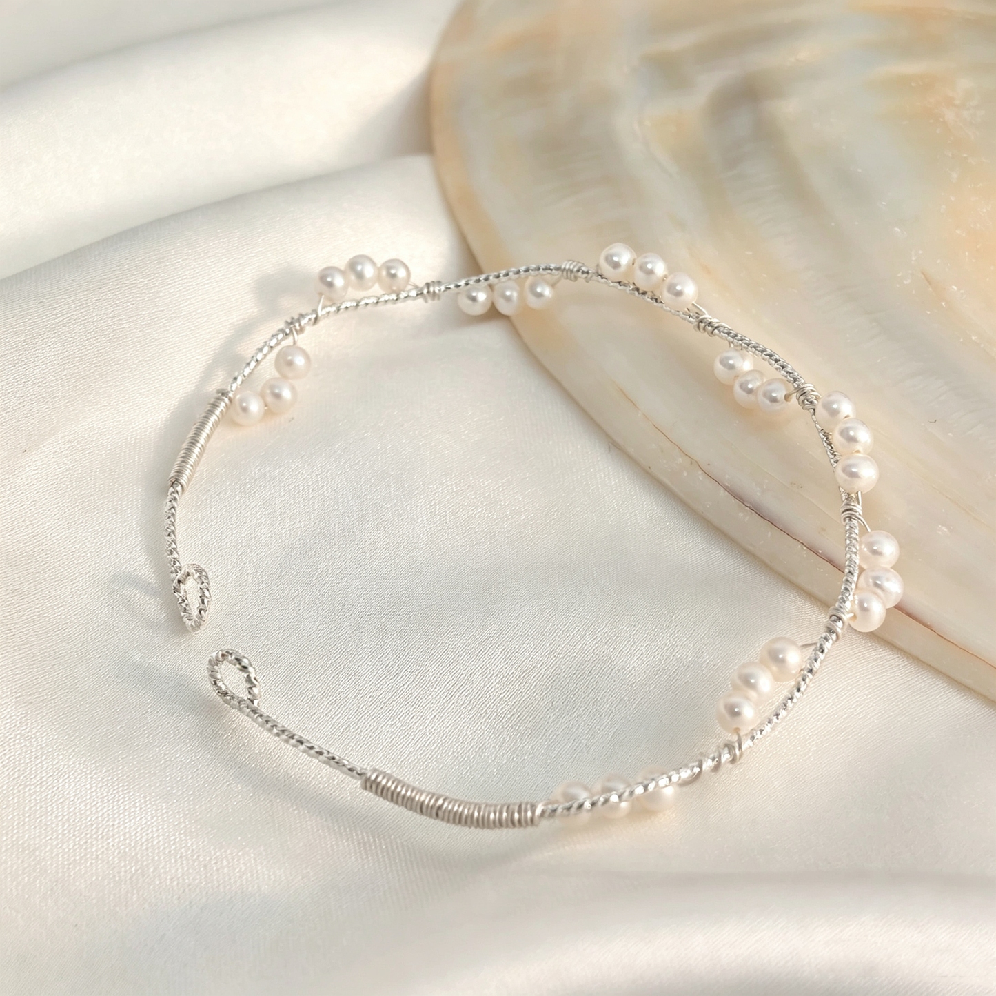 Handmade Wire Wrapped Freshwater Pearl Open Cuff Bracelet