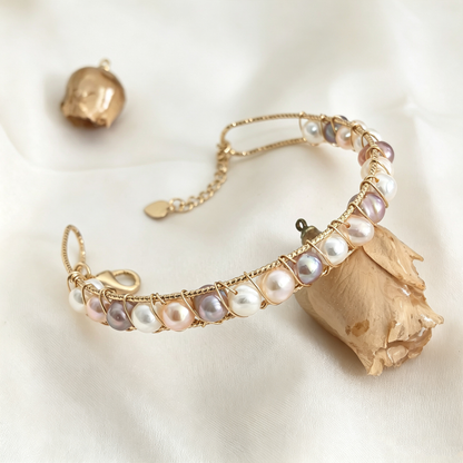 Handmade Wire Wrapped Freshwater Pearl Open Cuff Bracelet