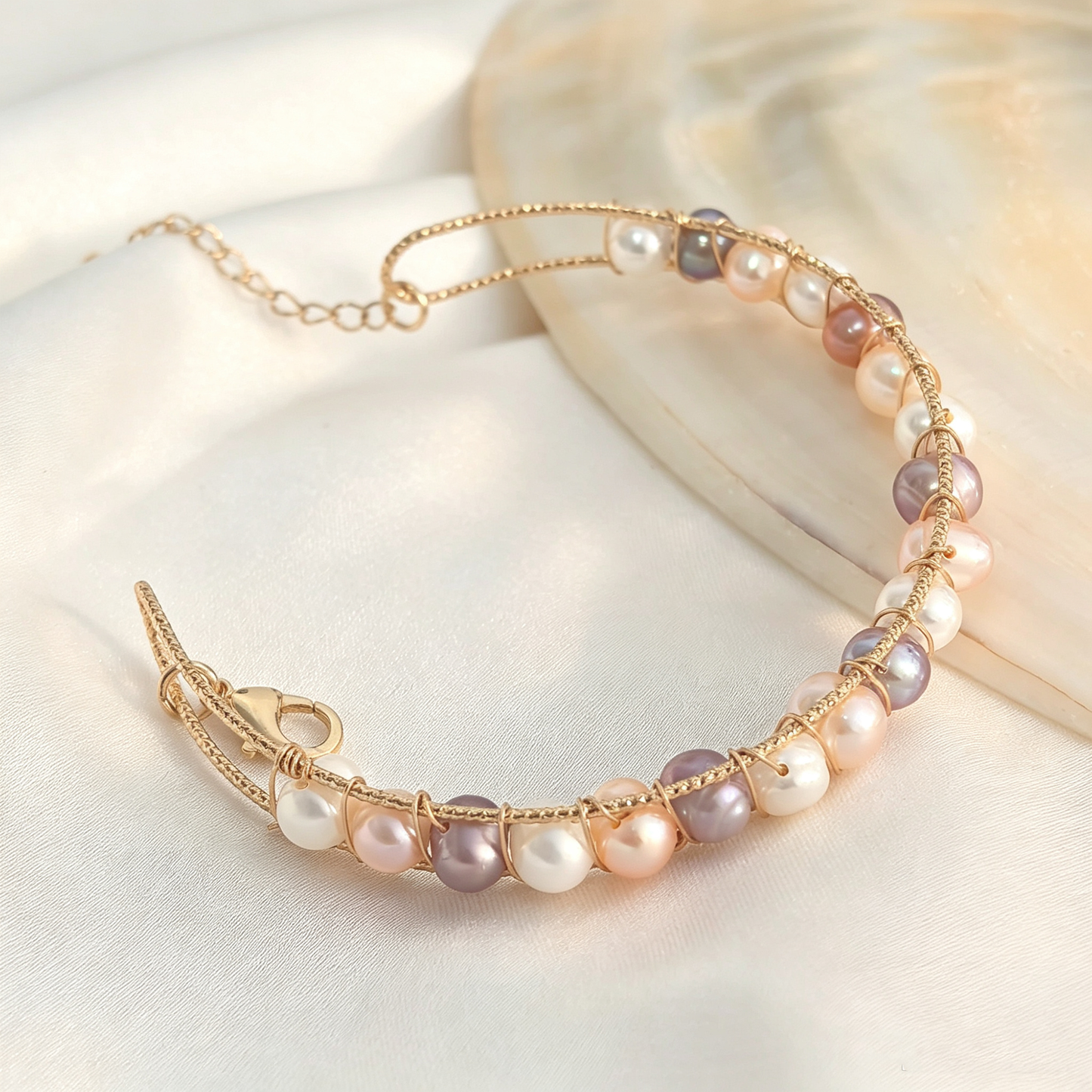 Handmade Wire Wrapped Freshwater Pearl Open Cuff Bracelet