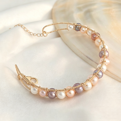 Handmade Wire Wrapped Freshwater Pearl Open Cuff Bracelet