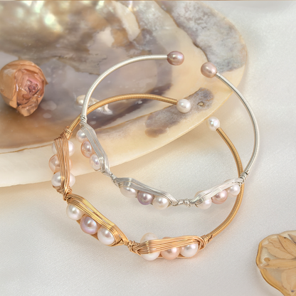 Handmade Wire Wrapped Freshwater Pearl Adjustable Bangle