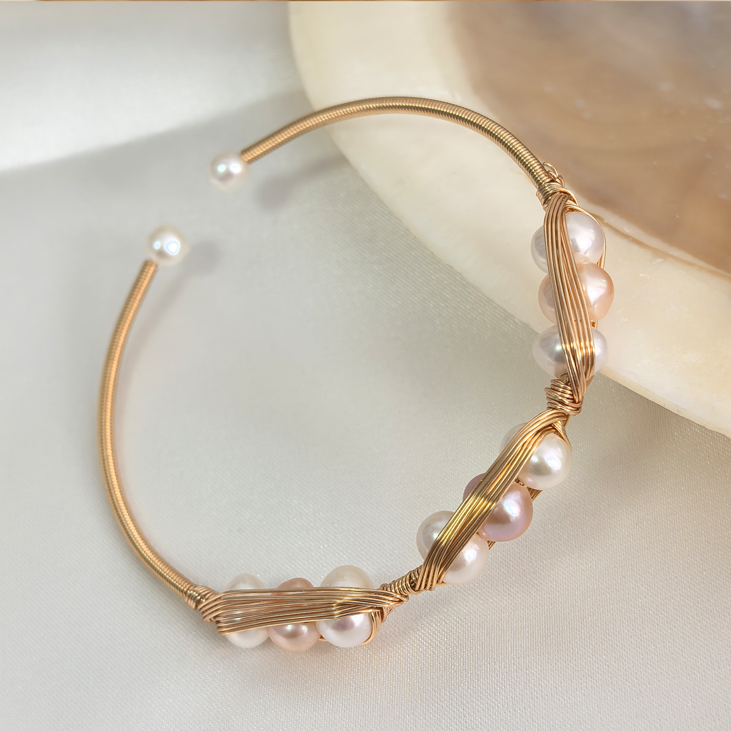 Handmade Wire Wrapped Freshwater Pearl Adjustable Bangle