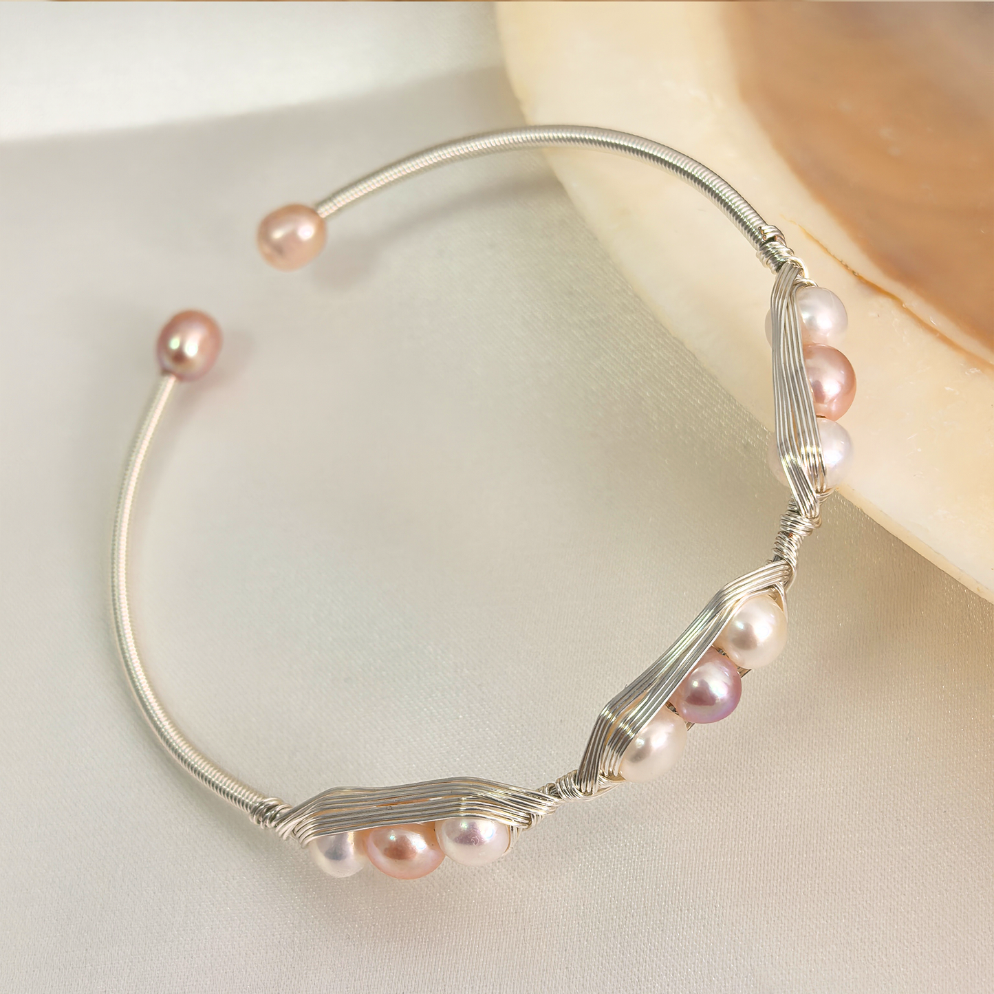 Handmade Wire Wrapped Freshwater Pearl Adjustable Bangle