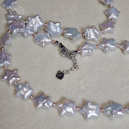 NC09-Star Pearl Necklace S925 Sterling Silver Clasp White Star Pearl with Pink Blue Luster Star Shape Natural Freshwater Pearl Baroque White Star Necklace