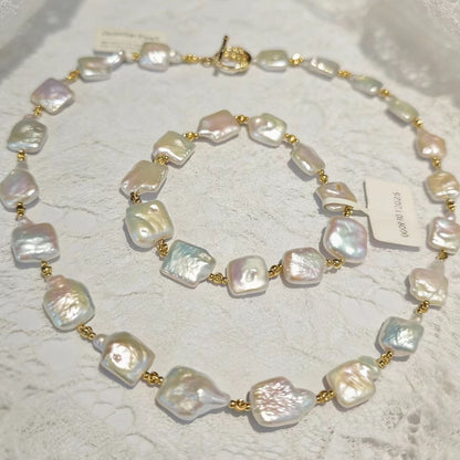 Set04-U R MY SUGER Pearl Jewelry Set Baroque Square Shape Freshwater Pearls Necklace with Gold Plated OT Clasp and Stretchy Bracelet Set Pearls with Flora Cluster
