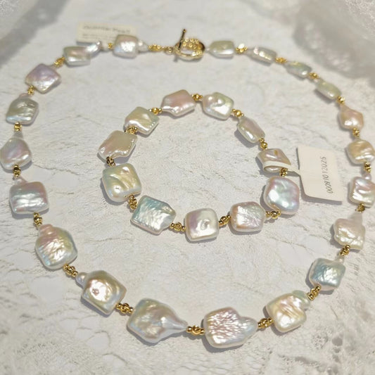 Set04-U R MY SUGER Pearl Jewelry Set Baroque Square Shape Freshwater Pearls Necklace with Gold Plated OT Clasp and Stretchy Bracelet Set Pearls with Flora Cluster