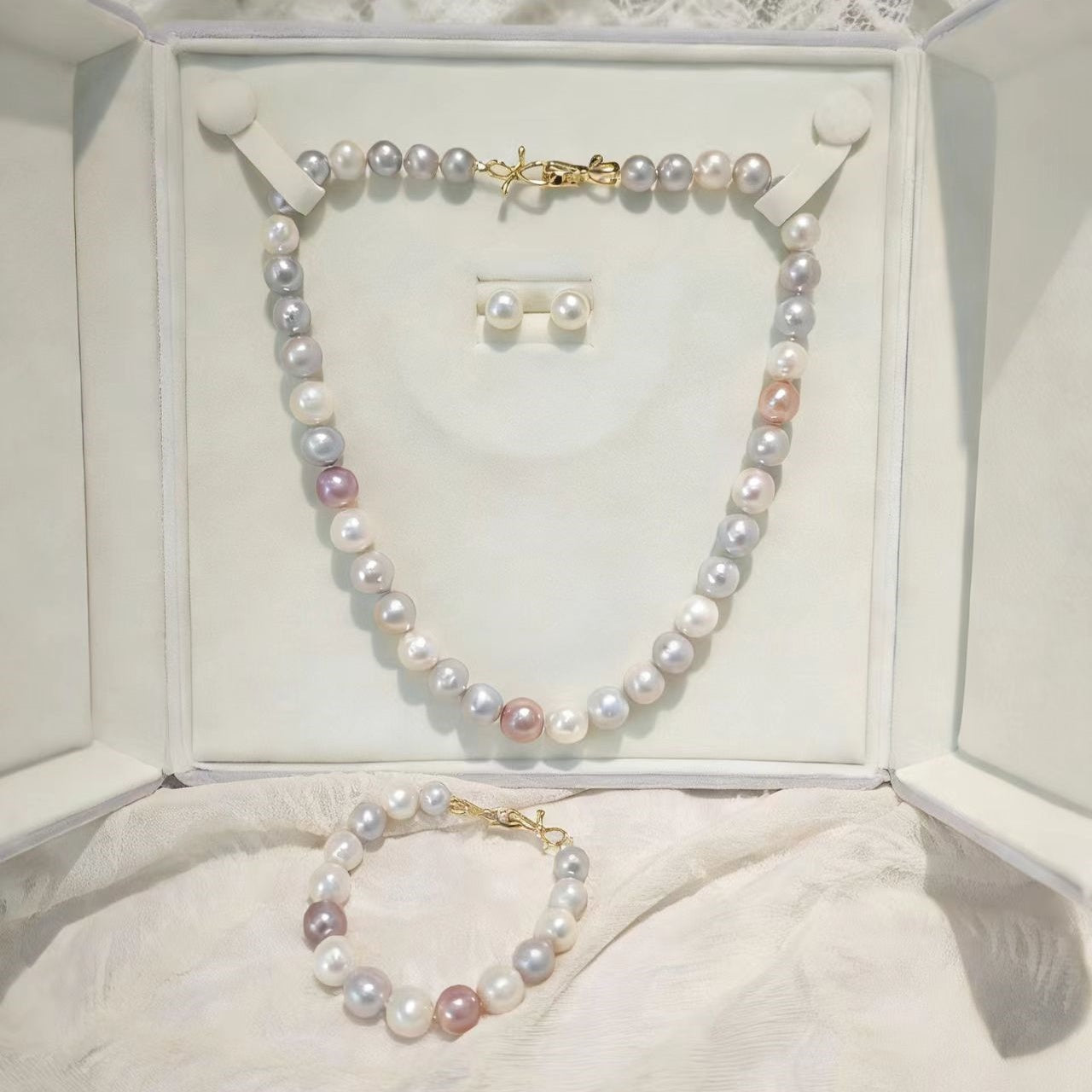 Set03-Multi-Color Edison Freshwater Pearl Jewelry Set Silver-Blue Candy Color Necklace Bracelet Earrings Affordable with Gift Box Pastel Edison Freshwater Pearl Set