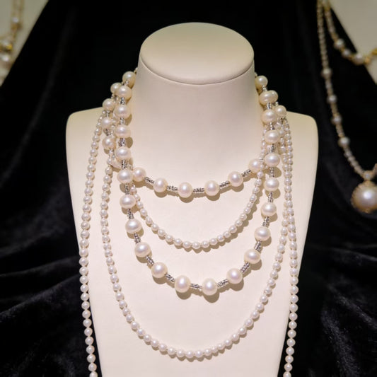 NC05-White Pearl Long Necklace Layered Pearl Statement Strand Chain Fashion Jewelry for Women Sweater Chain Adjustable Elegant Jewelry Sterling Silver S925 Accessories Dressy Collocation Spring Winter Evening Party Wedding Necklace