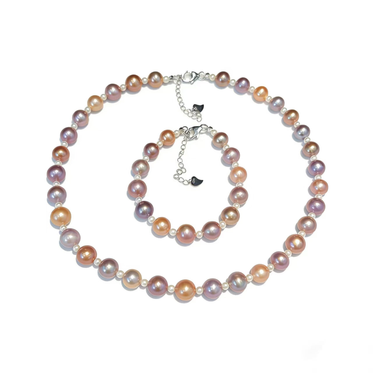 Set05-Candy Edison Freshwater Pearls Necklace and Bracelet Sterling Silver Setting Round Champagne Purple Pink White Pearls Necklace gift for girlfriend Wife Birthday
