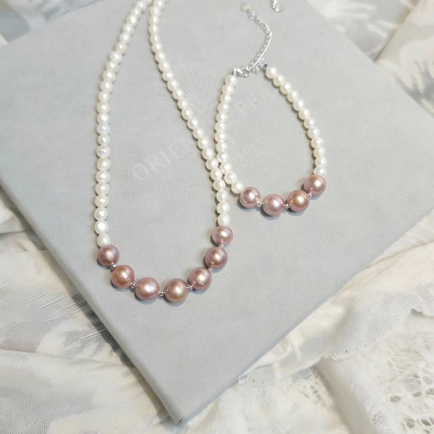 Set02-Romantic Natural Freshwater Purple Edison and White Baby Pearls Set Necklace and Bracelet Luminous & Full Gloss Refined Gradient Size Design Gift-Worthy Jewelry Set