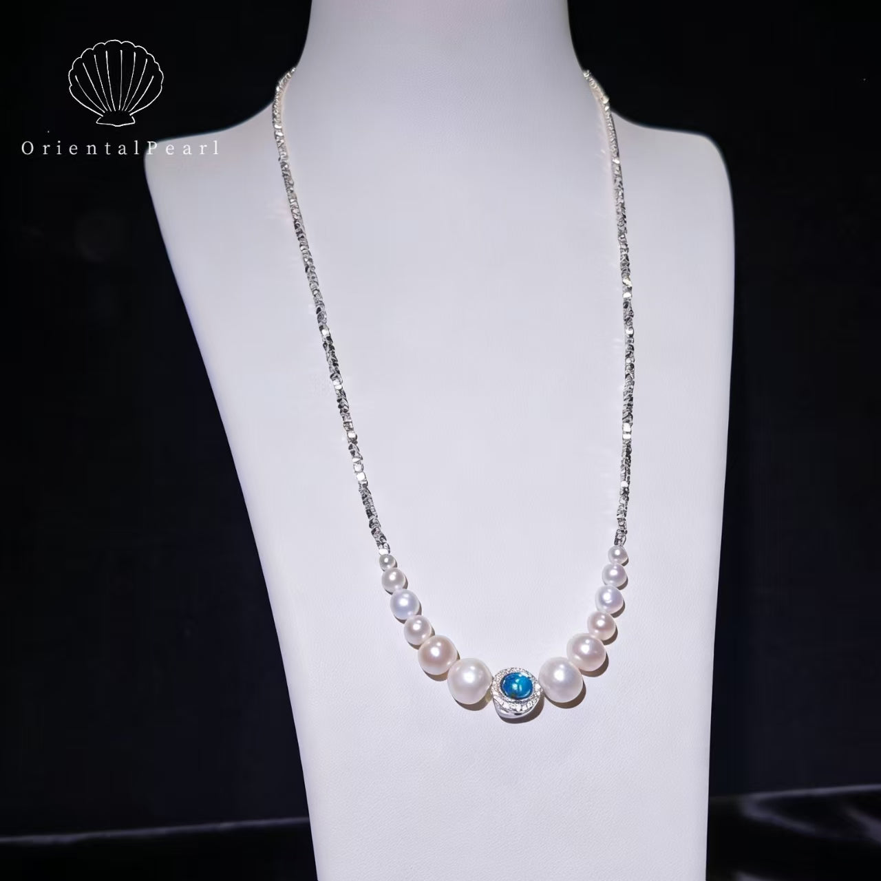 Set07-Natural White Freshwater Pearl Set with S925 Accessory Clasp and Blue Stone Gradient Size Necklace and Bracelet