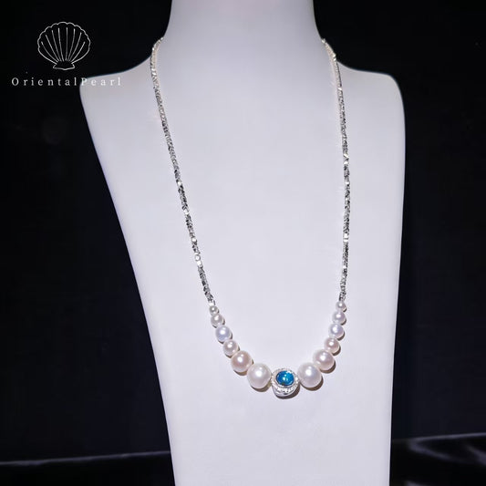 Set07-Natural White Freshwater Pearl Set with S925 Accessory Clasp and Blue Stone Gradient Size Necklace and Bracelet