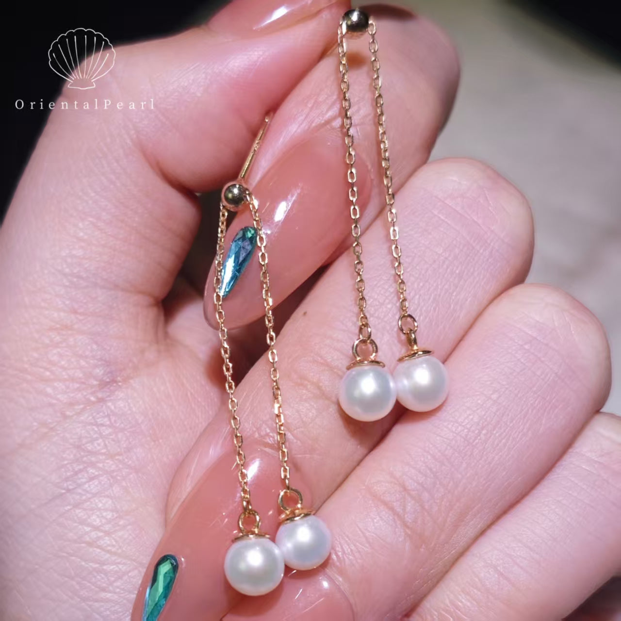 E05-Dangling Pearl Threader Earrings White Round Pearl with S925 Chain Setting Dainty for Women Jewelry Drop Earrings Valentine's Day Gift