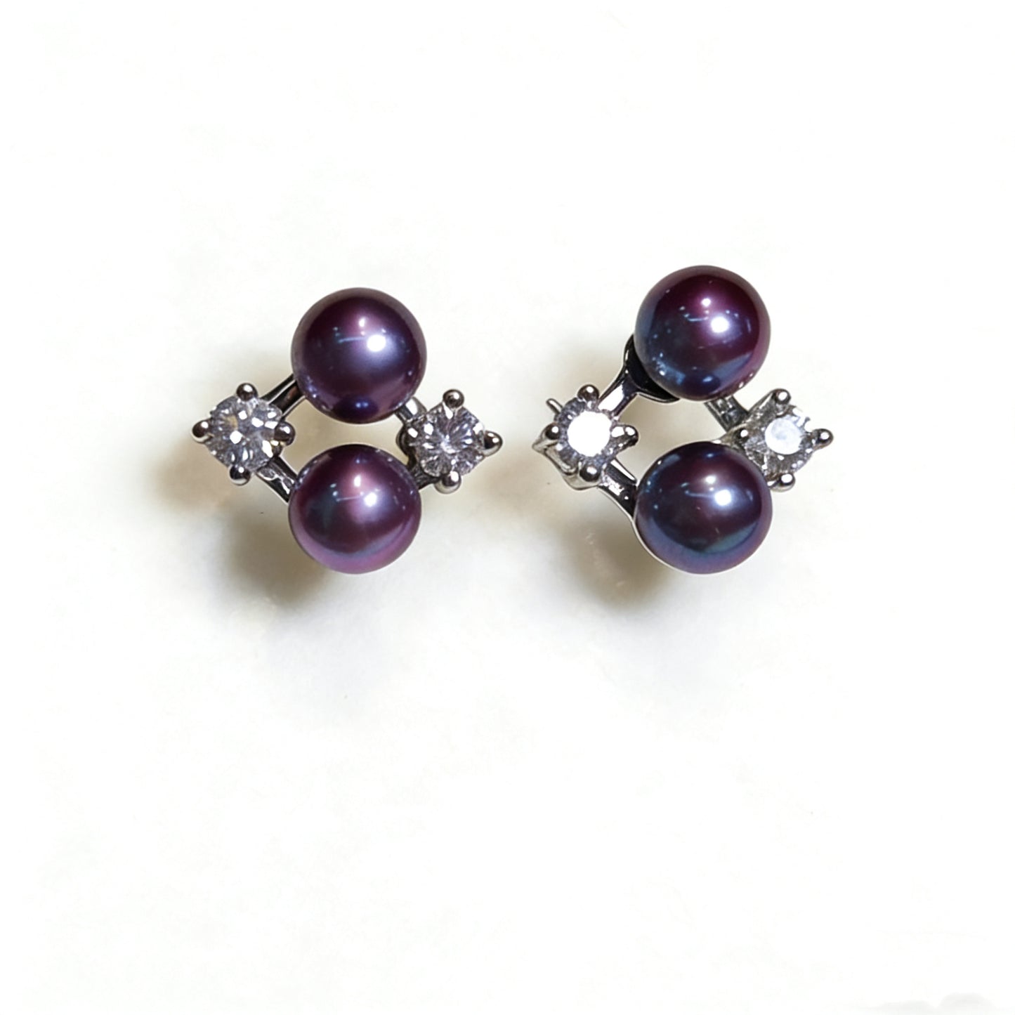 E01- S925 Sterling Silver Deep Demon Purple Pearl Studs 4 Freshwater Pearls Earrings with Bling Zircon Diamond Decoration Star Studs Gifts for Mom Wife Mothers Day/Wedding