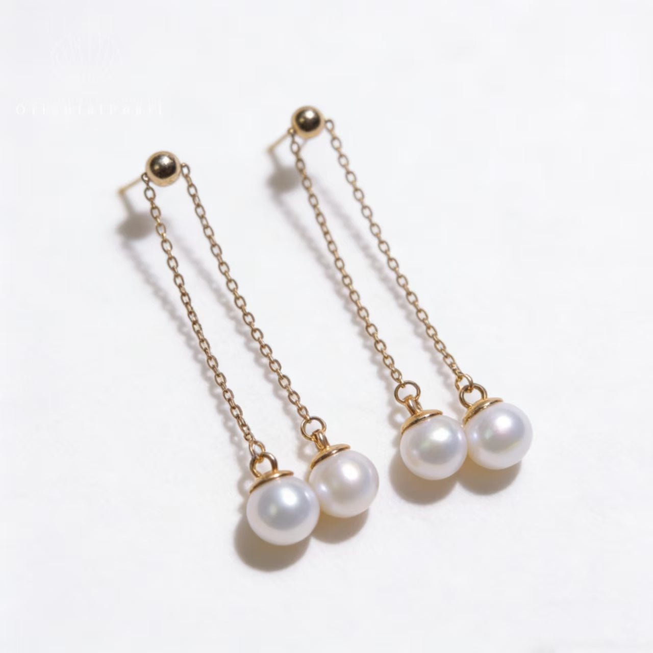 E05-Dangling Pearl Threader Earrings White Round Pearl with S925 Chain Setting Dainty for Women Jewelry Drop Earrings Valentine's Day Gift