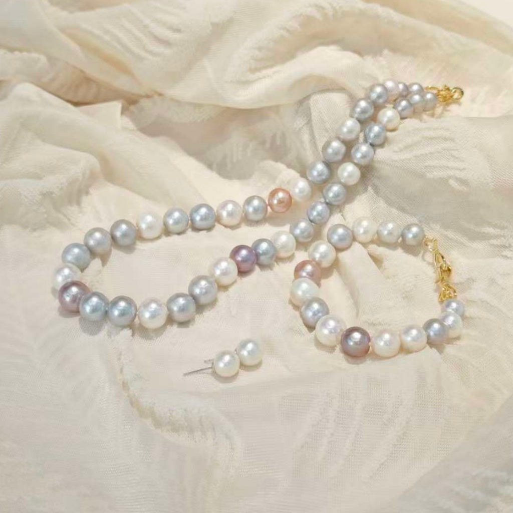 Set03-Multi-Color Edison Freshwater Pearl Jewelry Set Silver-Blue Candy Color Necklace Bracelet Earrings Affordable with Gift Box Pastel Edison Freshwater Pearl Set