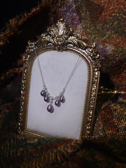 NC01-Deep Demon Purple Pearl Necklace with S925 Sterling Silver Chain with Zircon Decoration Natural Freshwater Teardrop Pearl Necklace