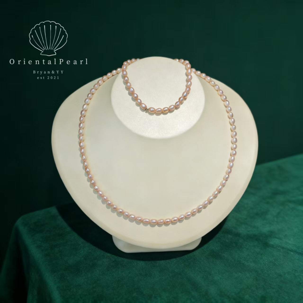 Set09-Light Pink Seedless Pearl Set Necklace and Bracelet Natural Pale Pink Color Pearls Full Strand Rice Shape Pearls Blush Dreamy Pink Color Set with S925 Clasp and Strong Luster