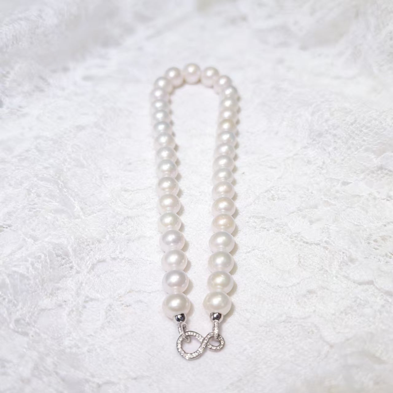 NC04-Aurora Luster White Edison Freshwater Pearls Necklace 11mm - 13mm Big Size Round Moon Light White Pearl with S925 Sterling Silver Infinity Clasp Elegant Graceful Gift for Wedding Birthday