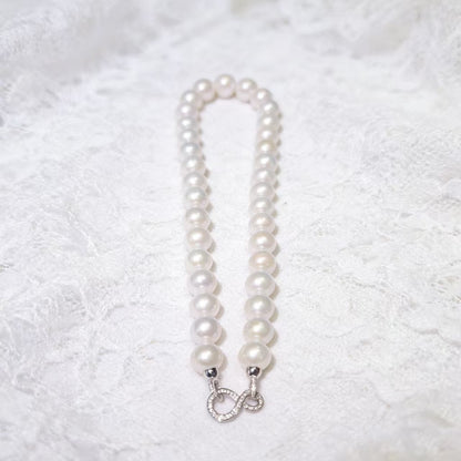 NC04-Aurora Luster White Edison Freshwater Pearls Necklace 11mm - 13mm Big Size Round Moon Light White Pearl with S925 Sterling Silver Infinity Clasp Elegant Graceful Gift for Wedding Birthday