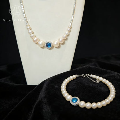 Set07-Natural White Freshwater Pearl Set with S925 Accessory Clasp and Blue Stone Gradient Size Necklace and Bracelet
