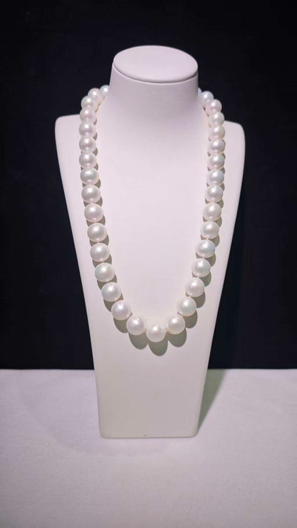 NC04-Aurora Luster White Edison Freshwater Pearls Necklace 11mm - 13mm Big Size Round Moon Light White Pearl with S925 Sterling Silver Infinity Clasp Elegant Graceful Gift for Wedding Birthday