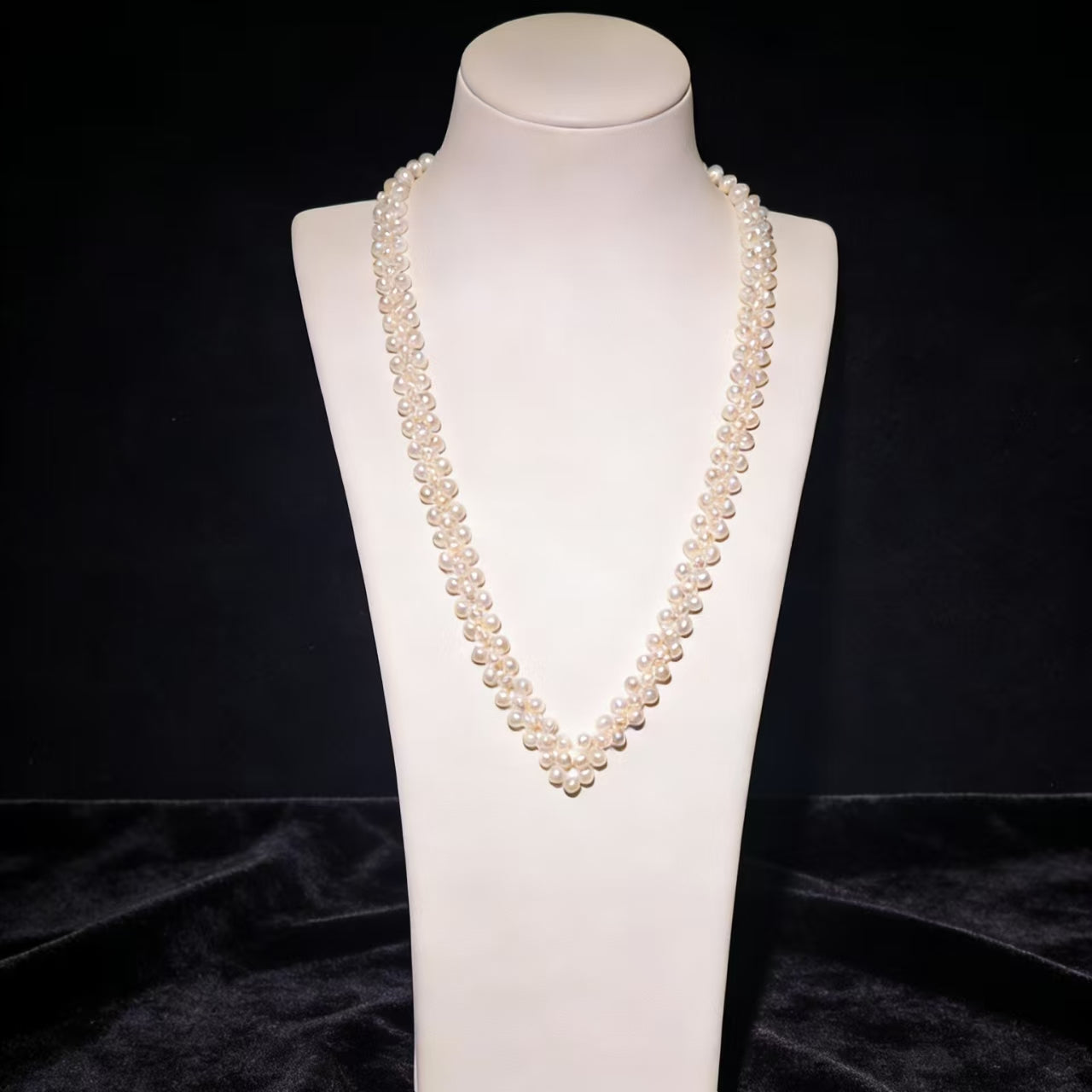 NC07-Handmade Knitted Cream White Seedless Pearls Costume Necklace Multi strand Round and Rice Shape Pearls Party Cluster Layers Jewelry Statement Layered Pearl Chain Adjustable Pearl Necklace